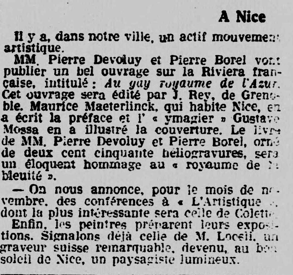 Pierre Borel- Pierre Devoluy - Riviera Auteur - l'éclaireur de Nice - Les nouvelles littéraires -