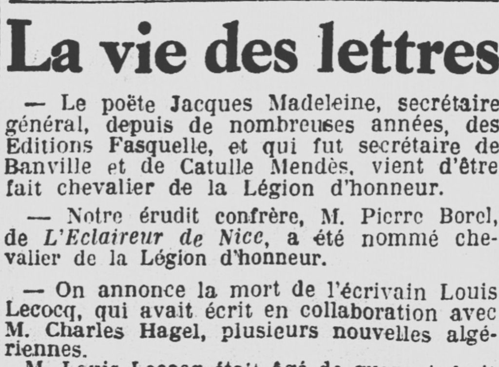 Pierre BOREL - Chevalier Légion d'Honneur - l'Eclaireur de Nice - Hebdomadaire